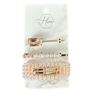 Hive and Co. Hair Accessories Barrettes 3 Piece Set for Women & Girls Pink Gold